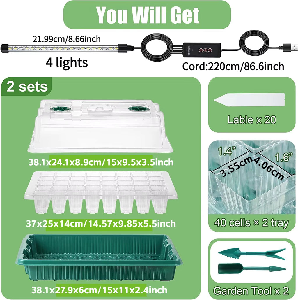 2 Packs, Seed Starter Trays with High Dome Germination Kit - 80 Cells, 4 LED Grow Lights, Smart Timer & 3 Modes for Home Gardene