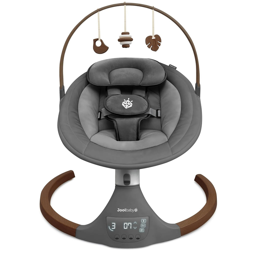 Jool Baby Nova Nature Baby Swing for Newborns with Natural Wood Toys, Electric Motorized Infant Swing, Bluetooth Music, Remote (Slate)
