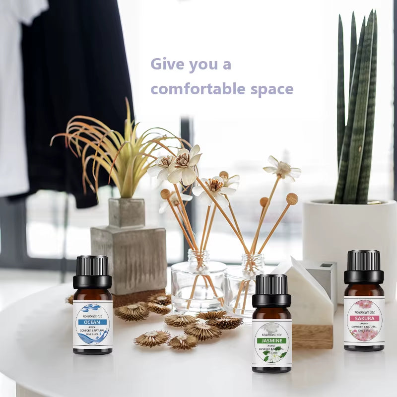 Pure Essential Oils 10ML with Diffuser Reed Oils Refill Diffuser Aromatic Oil Jasmine Sakura Lemon Rose Vanilla Essential Oils