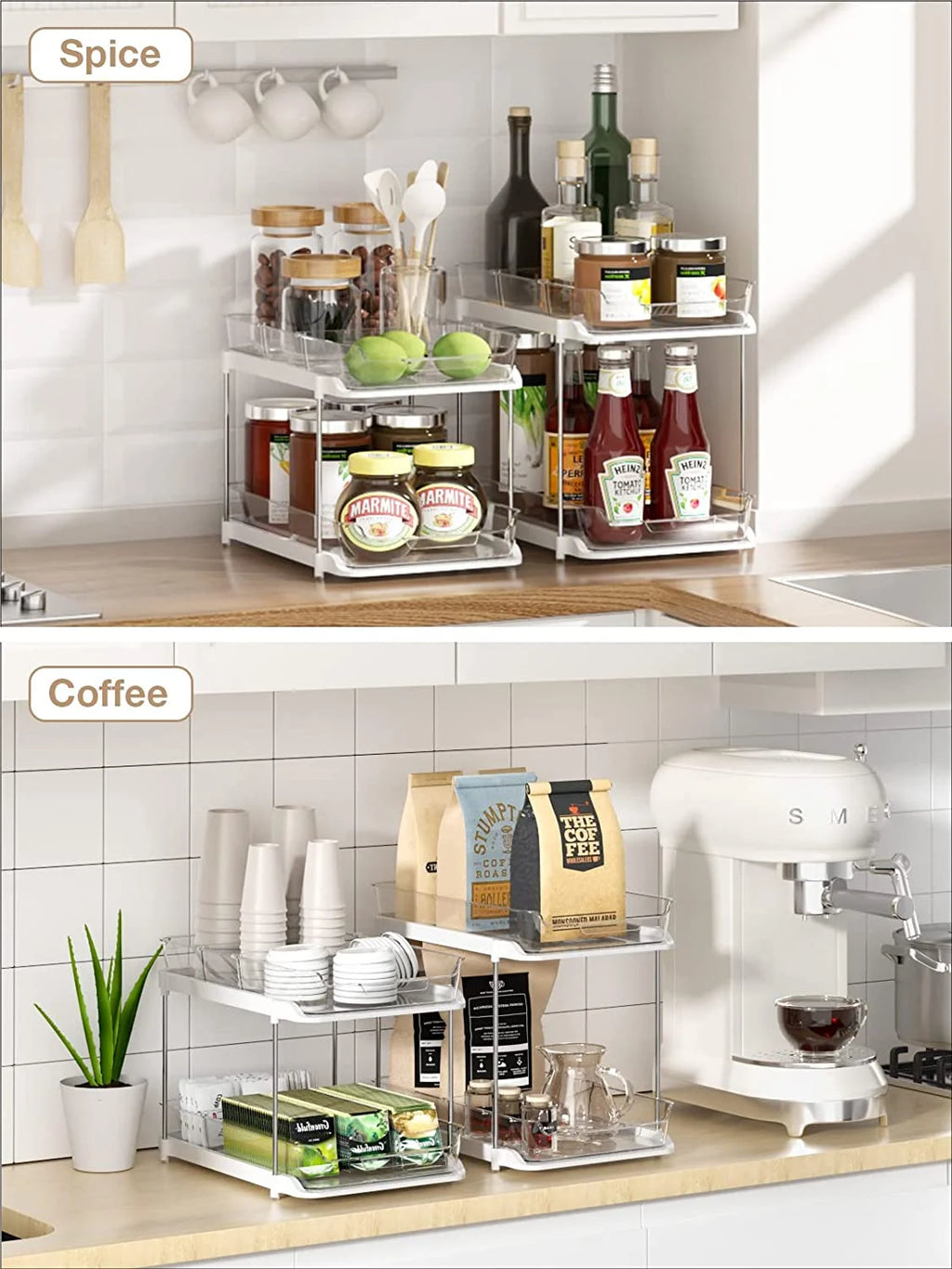 2 Pack Set under Sink Organizers and Storage, 2 Tier Sliding Bathroom Sink Organizer, Multi-Use under Kitchen Cabinet Storage Shelf (S&L), Transparent