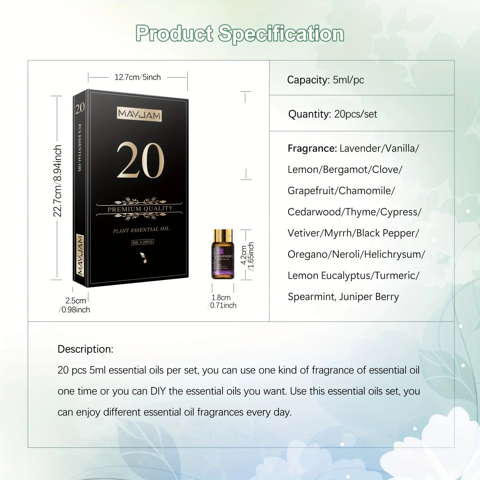 20PCS Essential Oils Gift Set Aromatherapy Essential Oils Oregano Neroli Helichrysum Spearmint Lemon Eucalyptus Turmeric
