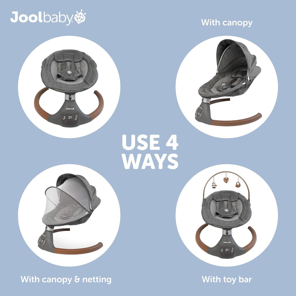 Jool Baby Nova Nature Baby Swing for Newborns with Natural Wood Toys, Electric Motorized Infant Swing, Bluetooth Music, Remote (Slate)