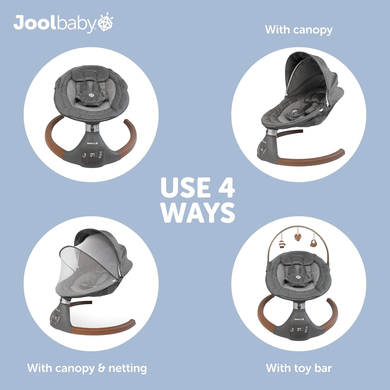 Jool Baby Nova Nature Baby Swing for Newborns with Natural Wood Toys, Electric Motorized Infant Swing, Bluetooth Music, Remote (Slate)