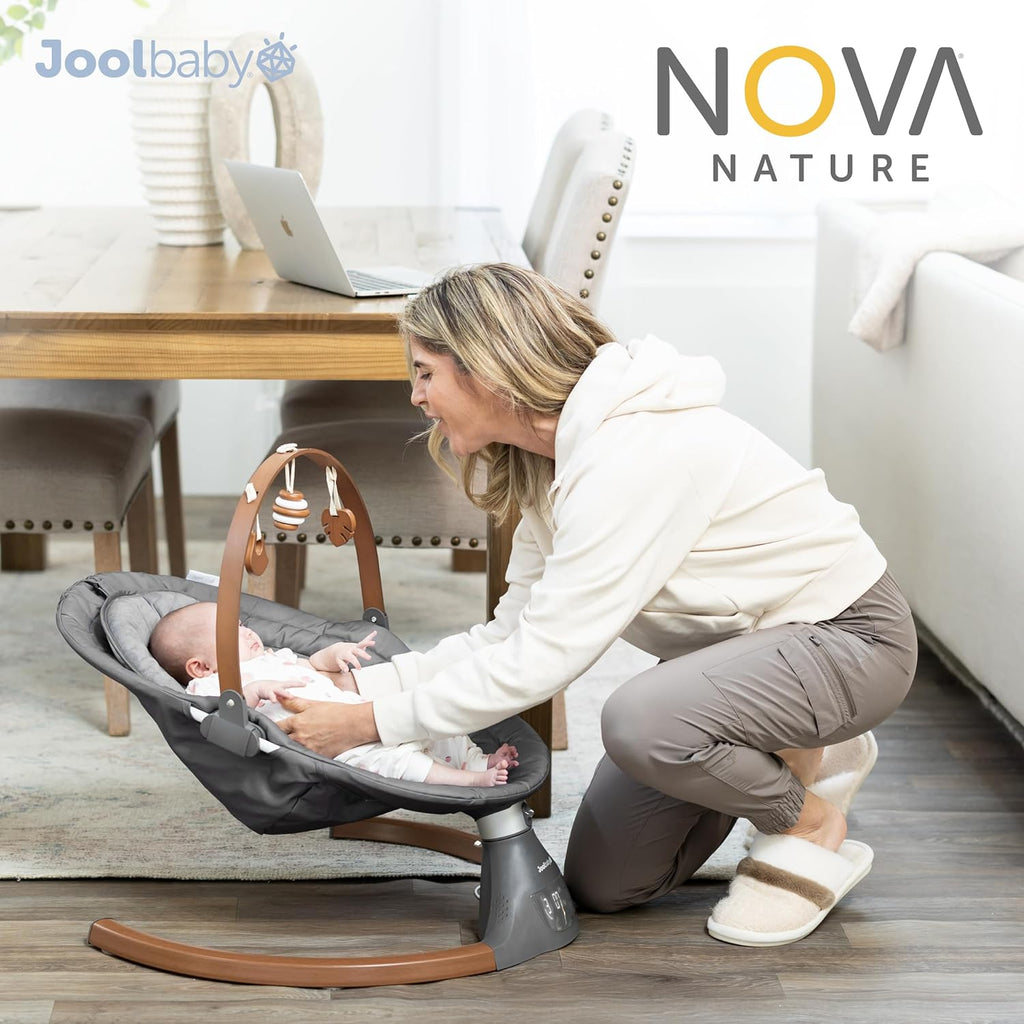 Jool Baby Nova Nature Baby Swing for Newborns with Natural Wood Toys, Electric Motorized Infant Swing, Bluetooth Music, Remote (Slate)